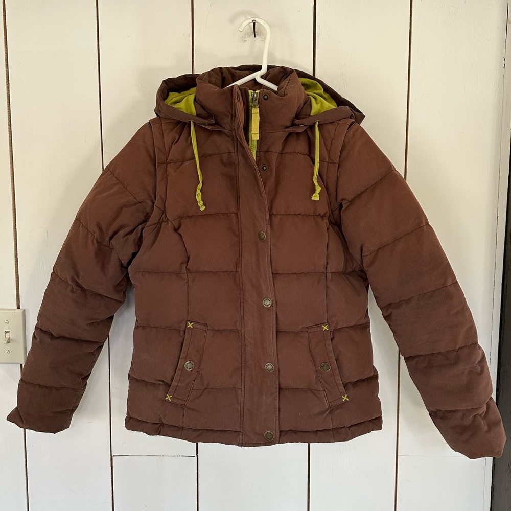 Boden Brown Puffer Jacket with Lime Green Lining